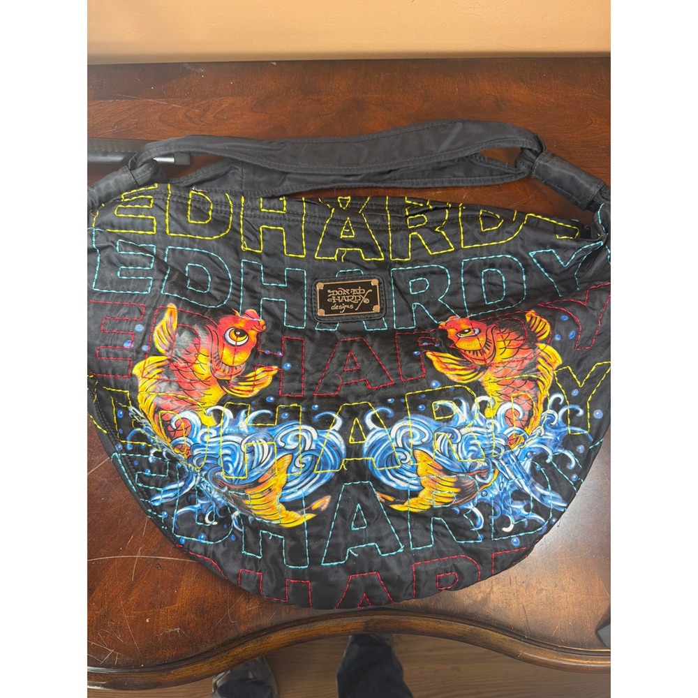 Ed Hardy Koi Fish Hobo Bag Black Nylon Embroidered Tattoo‎ Art Y2K Shoulder Bag